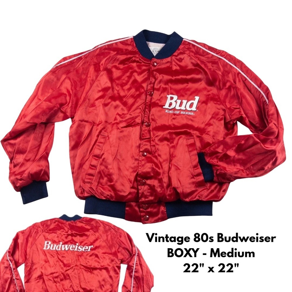 Vintage 80s Budweiser Satin Bomber Jacket Red Boxy Medium Made in USA Cropped